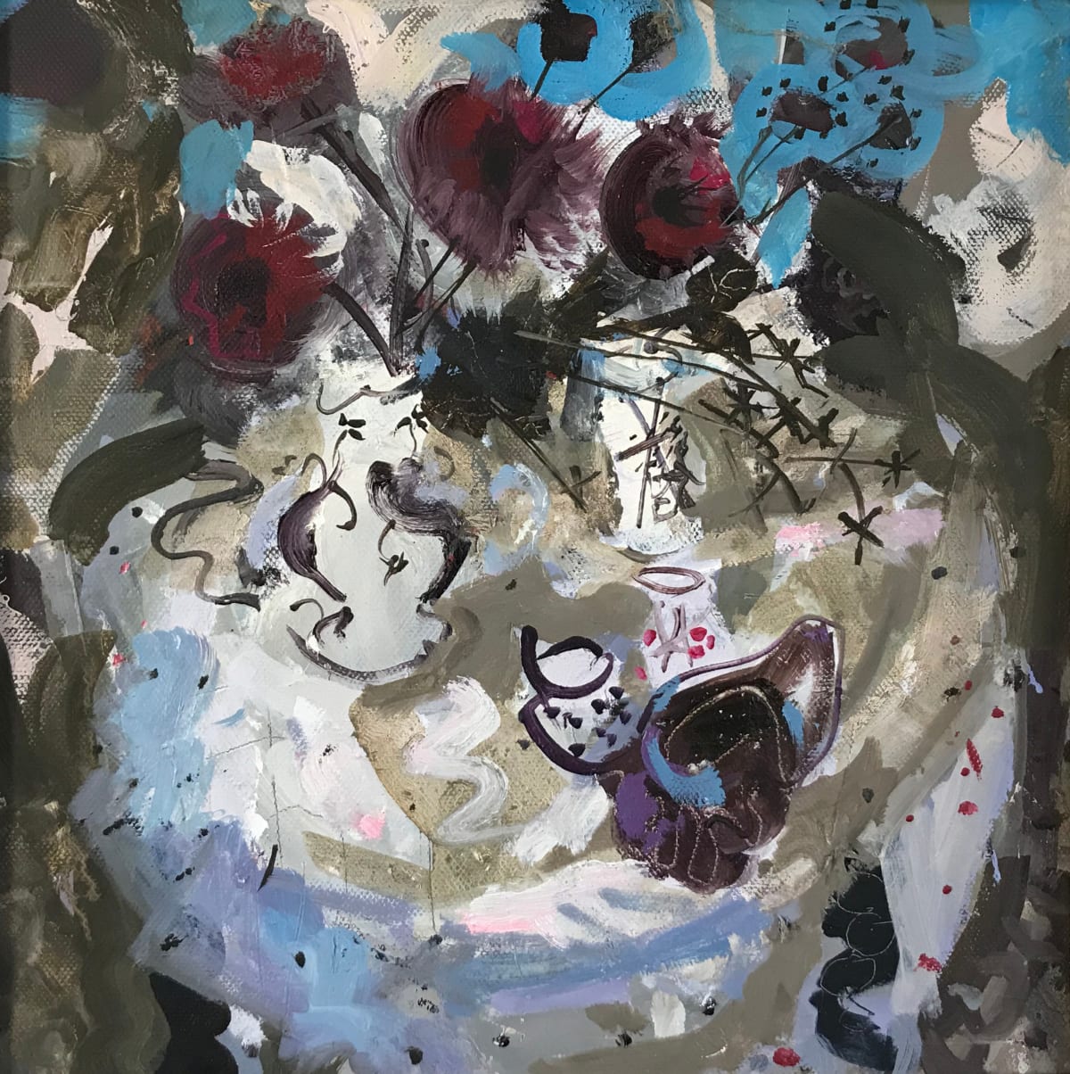 Peter Lloyd-Jones, Dhalias on blue, 2019